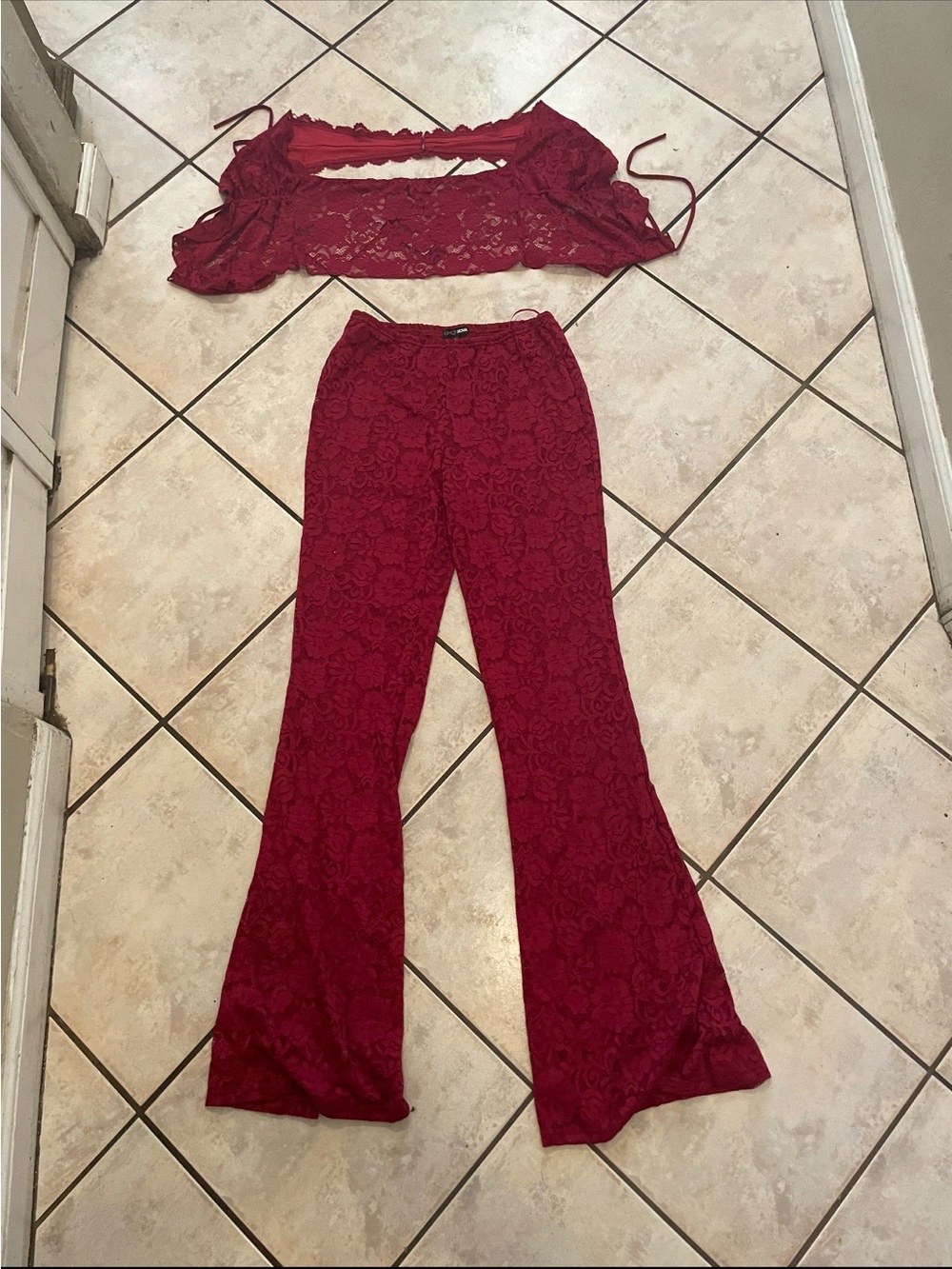 Fashion Nova Burgundy Lace Flare Pants & Crop Top Set